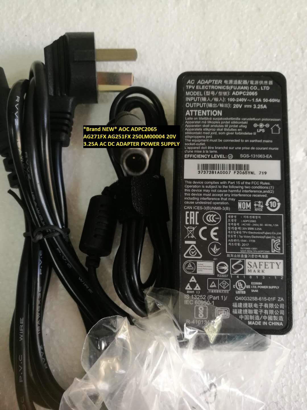 *Brand NEW*20V 3.25A AC DC ADAPTER AOC 250LM00004 AG271FX AG251FX ADPC2065 POWER SUPPLY - Click Image to Close